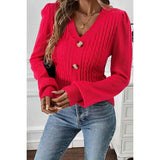 Knit V Neck Solid Button Trim Fit Sweater - MVTFASHION.COM