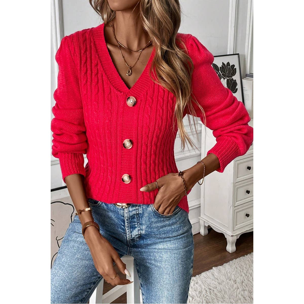 Knit V Neck Solid Button Trim Fit Sweater - MVTFASHION.COM