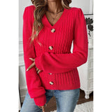 Knit V Neck Solid Button Trim Fit Sweater - MVTFASHION.COM