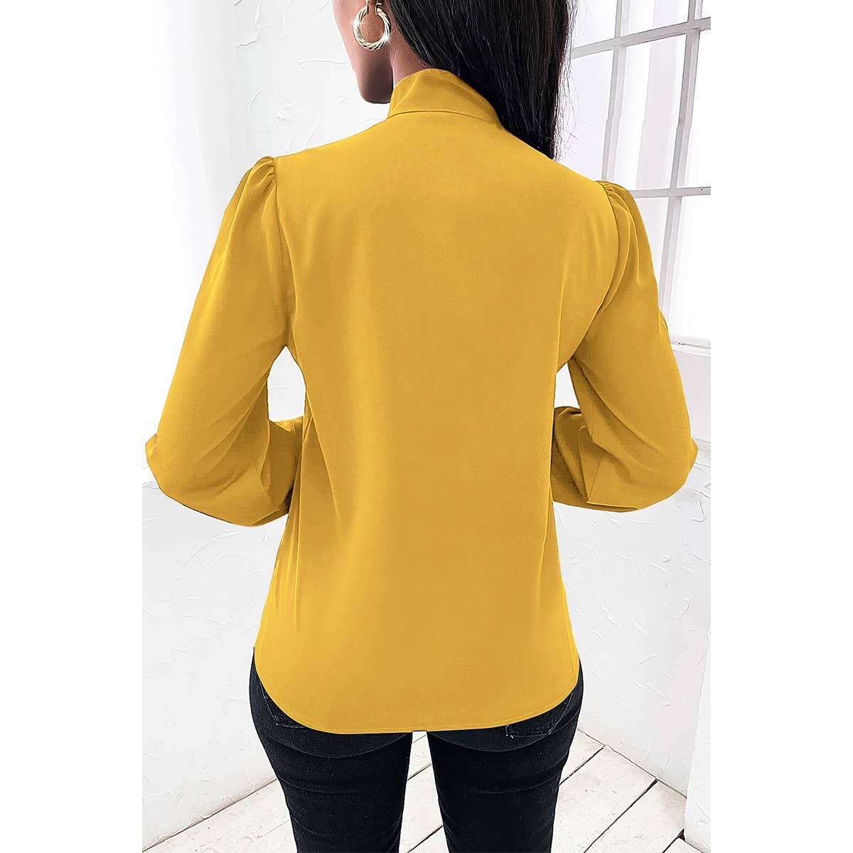 Knot Neck Button Trim Fit Puff Sleeve Solid Top - MVTFASHION.COM