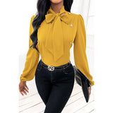 Knot Neck Button Trim Fit Puff Sleeve Solid Top - MVTFASHION.COM