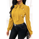 Knot Neck Button Trim Fit Puff Sleeve Solid Top - MVTFASHION.COM