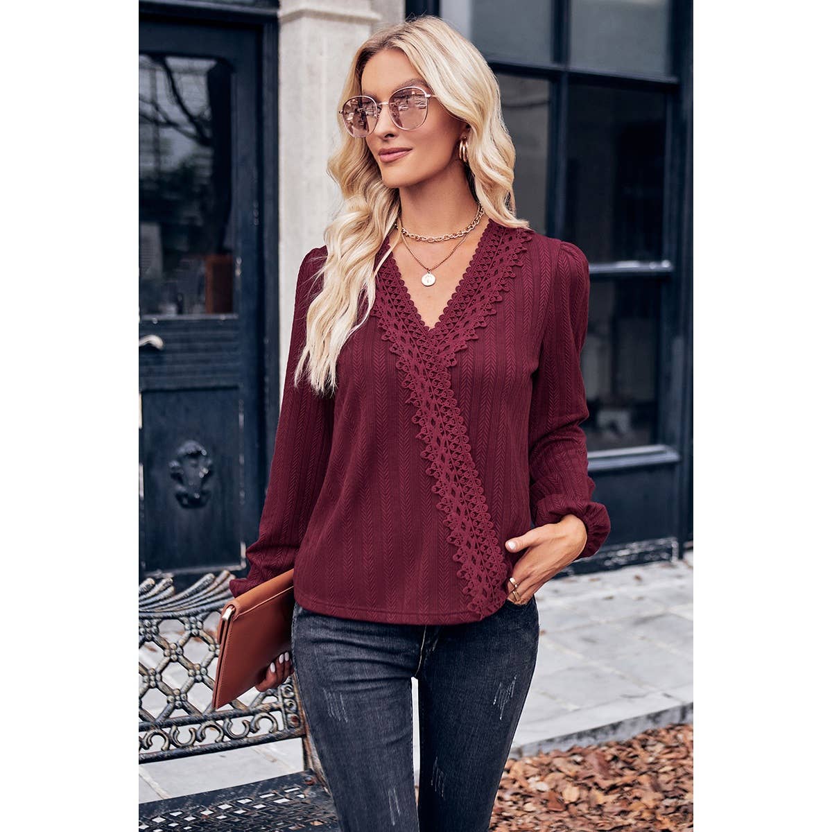 Lace Hem Cross Knit Loose Fit Solid Blouse - MVTFASHION.COM