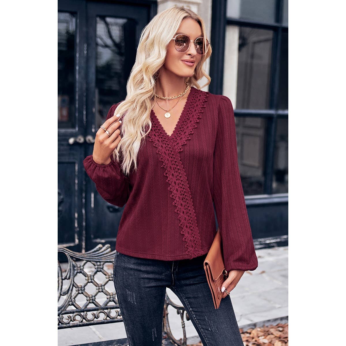 Lace Hem Cross Knit Loose Fit Solid Blouse - MVTFASHION.COM