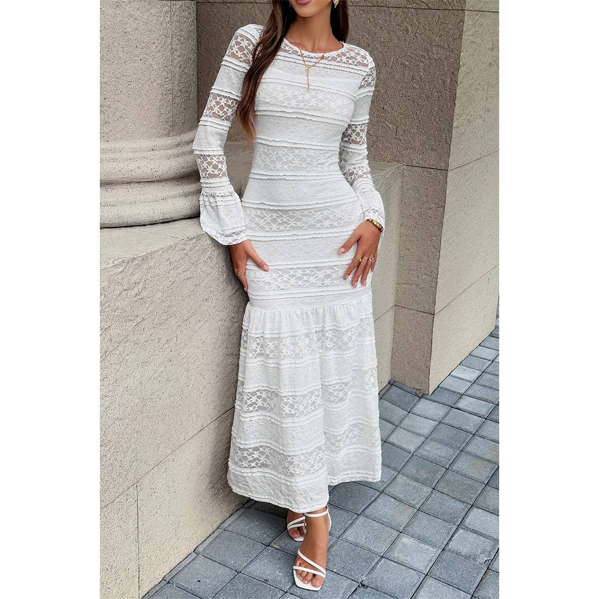 Lace Mermaid Round Neck Solid Maxi Dress - MVTFASHION.COM
