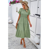 Lace Round Neck Ruched Fit Ruffle Solid Dress - MVTFASHION.COM