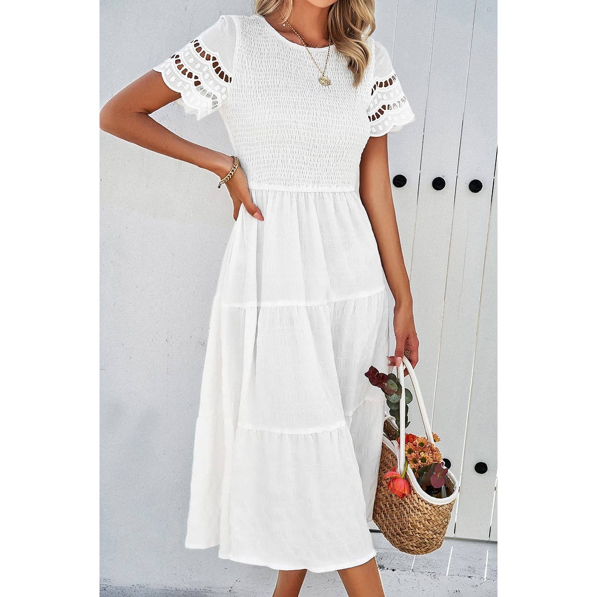 Lace Round Neck Ruched Fit Ruffle Solid Dress - MVTFASHION.COM