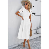 Lace Round Neck Ruched Fit Ruffle Solid Dress - MVTFASHION.COM