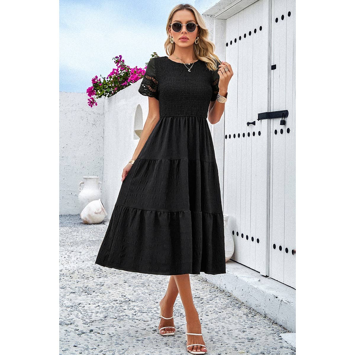 Lace Round Neck Ruched Fit Ruffle Solid Dress - MVTFASHION.COM