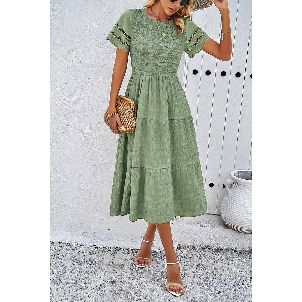 Lace Round Neck Ruched Fit Ruffle Solid Dress - MVTFASHION.COM