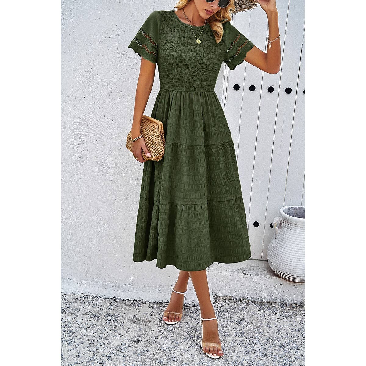 Lace Round Neck Ruched Fit Ruffle Solid Dress - MVTFASHION.COM