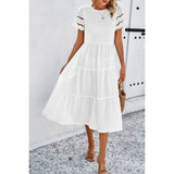 Lace Round Neck Ruched Fit Ruffle Solid Dress - MVTFASHION.COM