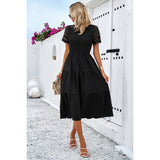 Lace Round Neck Ruched Fit Ruffle Solid Dress - MVTFASHION.COM