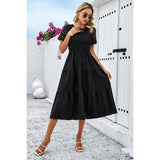 Lace Round Neck Ruched Fit Ruffle Solid Dress - MVTFASHION.COM