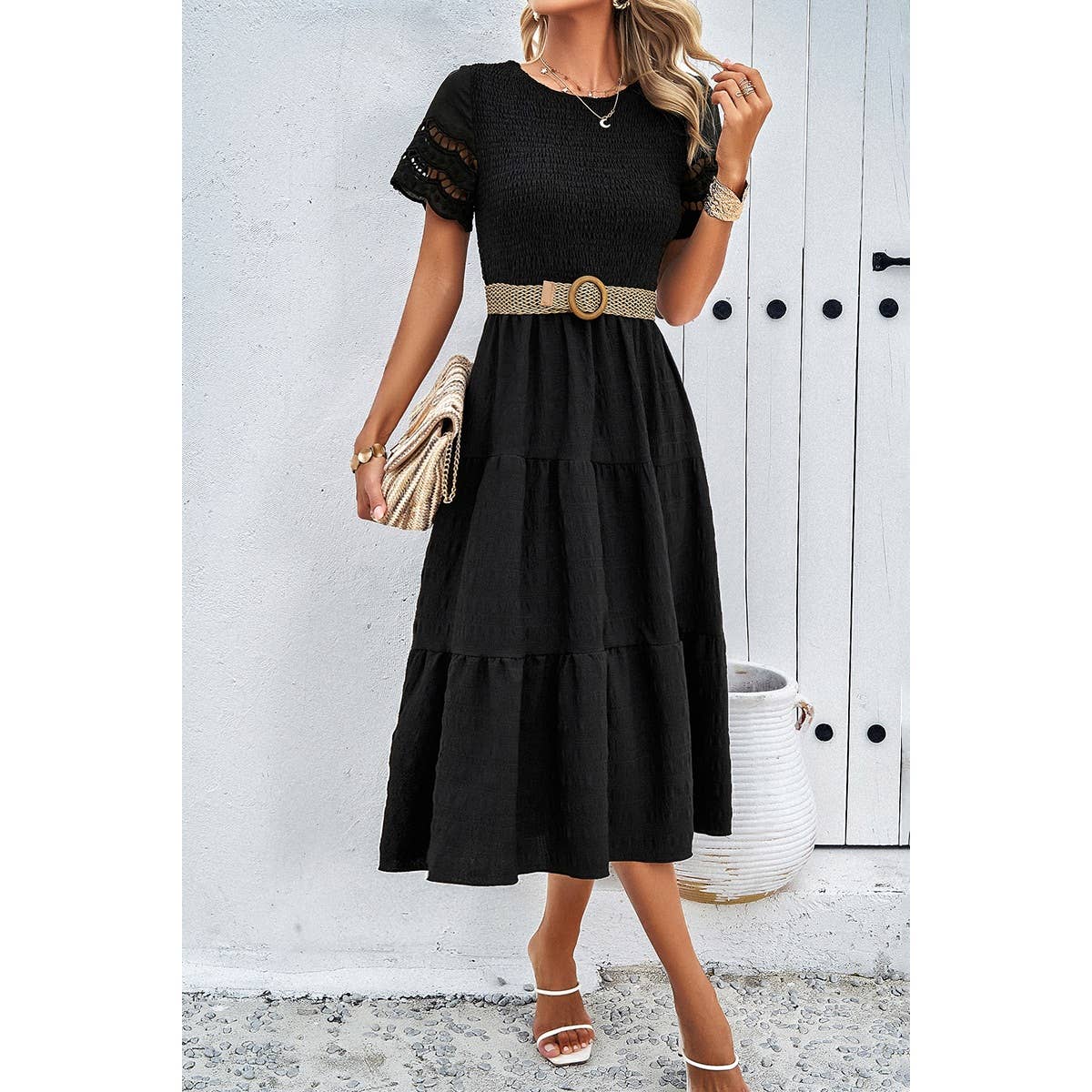 Lace Round Neck Ruched Fit Ruffle Solid Dress - MVTFASHION.COM