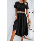 Lace Round Neck Ruched Fit Ruffle Solid Dress - MVTFASHION.COM