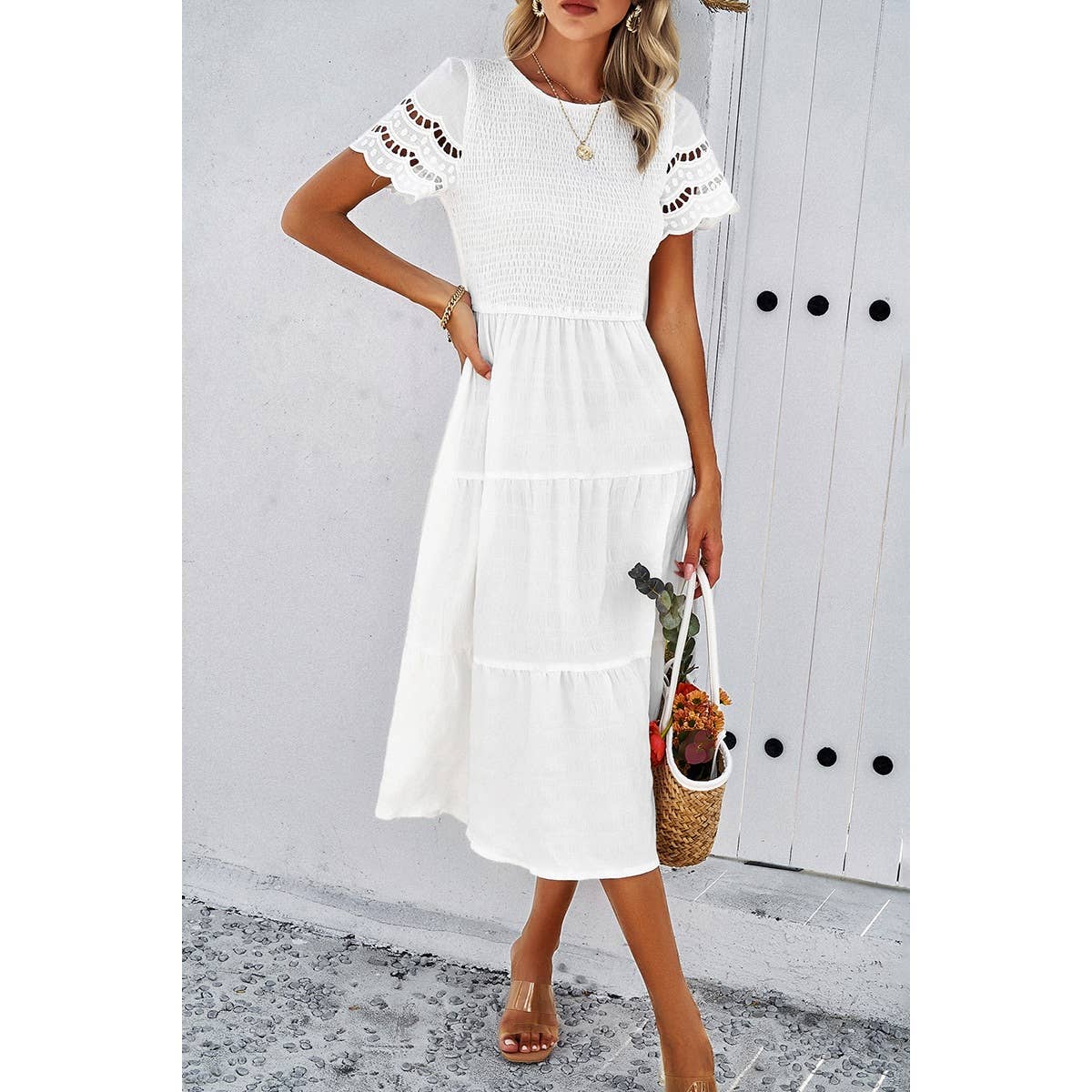 Lace Round Neck Ruched Fit Ruffle Solid Dress - MVTFASHION.COM