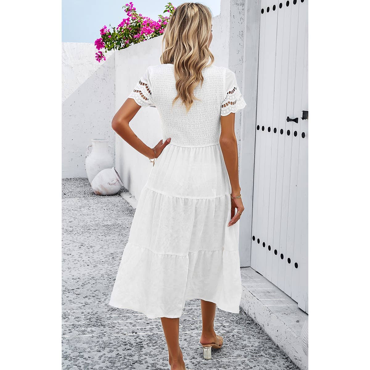 Lace Round Neck Ruched Fit Ruffle Solid Dress - MVTFASHION.COM