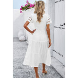 Lace Round Neck Ruched Fit Ruffle Solid Dress - MVTFASHION.COM