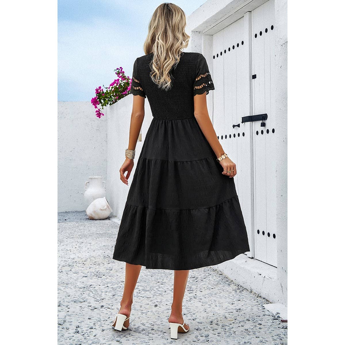 Lace Round Neck Ruched Fit Ruffle Solid Dress - MVTFASHION.COM