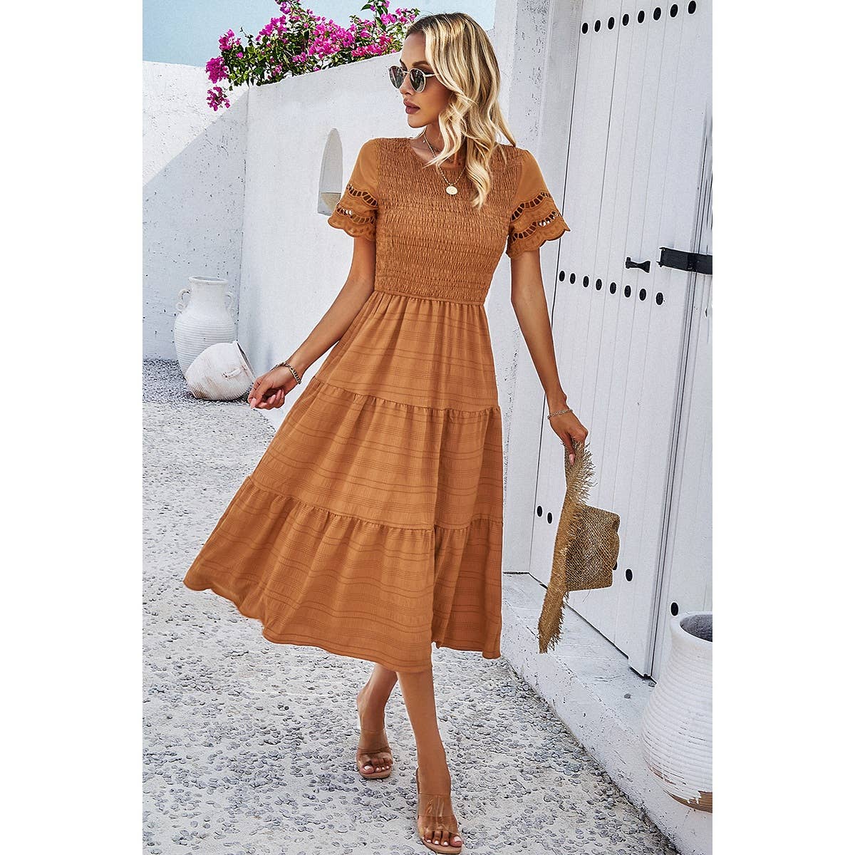 Lace Round Neck Ruched Fit Ruffle Solid Dress - MVTFASHION.COM