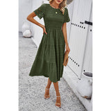 Lace Round Neck Ruched Fit Ruffle Solid Dress - MVTFASHION.COM