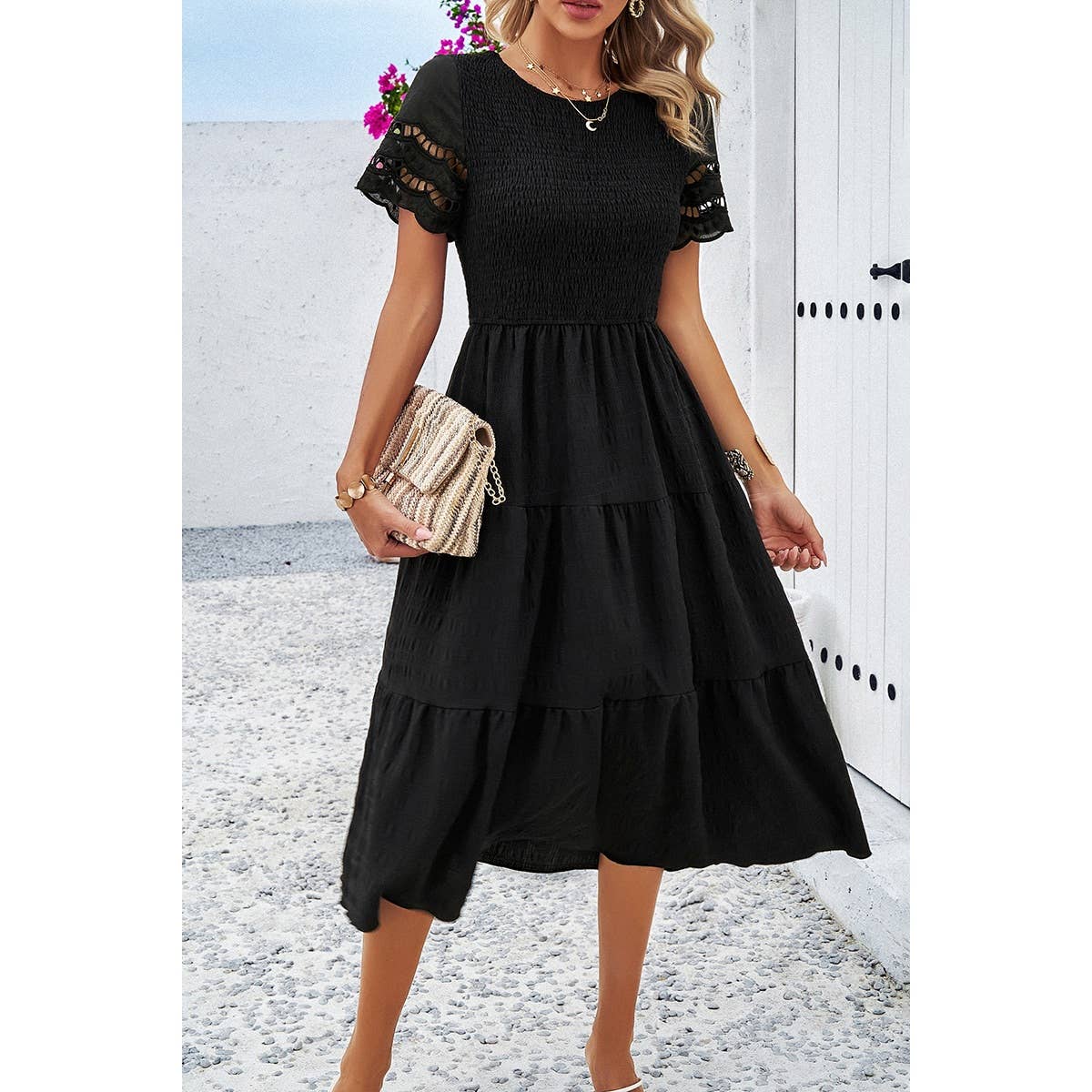 Lace Round Neck Ruched Fit Ruffle Solid Dress - MVTFASHION.COM