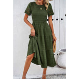 Lace Round Neck Ruched Fit Ruffle Solid Dress - MVTFASHION.COM