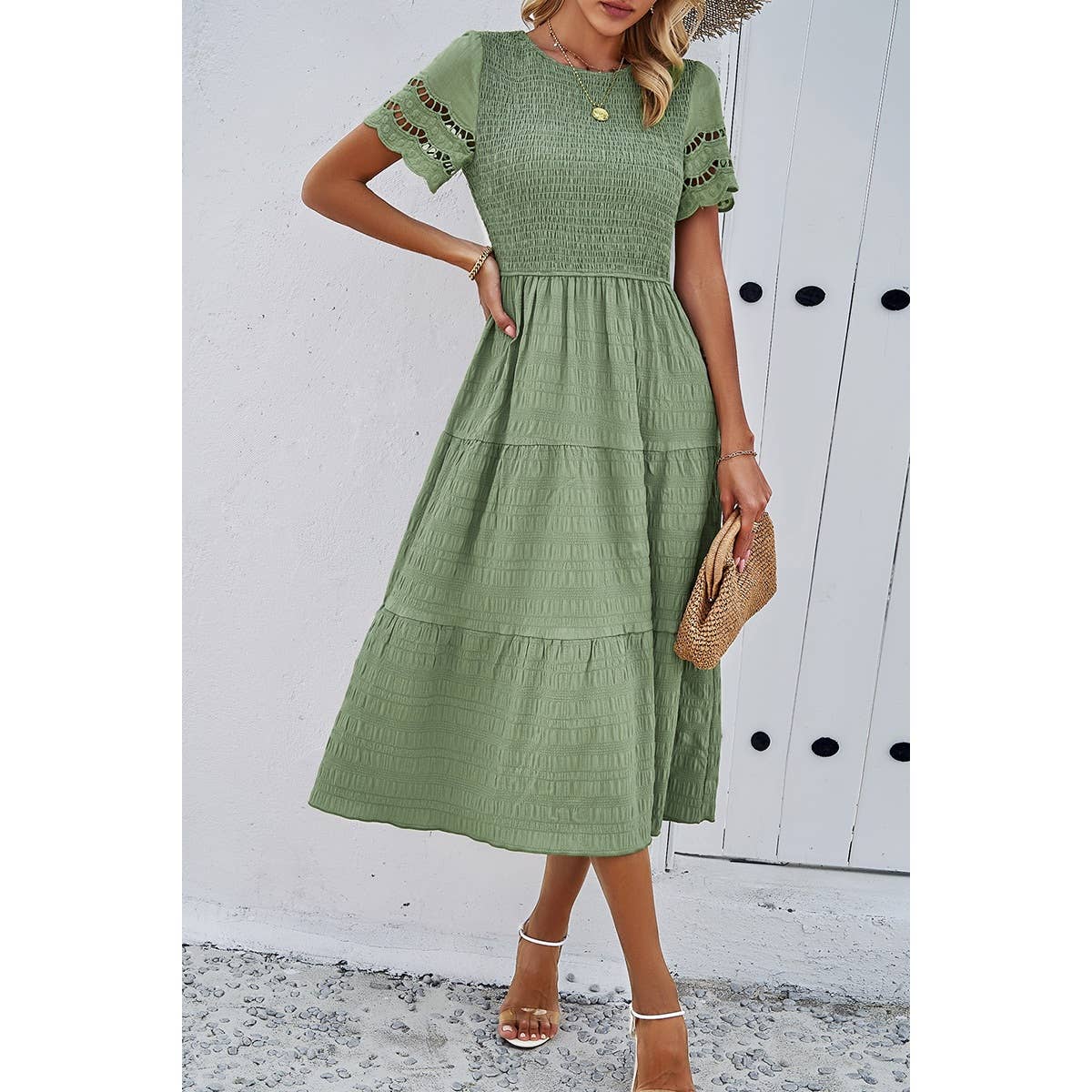 Lace Round Neck Ruched Fit Ruffle Solid Dress - MVTFASHION.COM