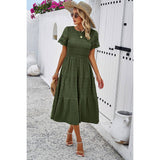 Lace Round Neck Ruched Fit Ruffle Solid Dress - MVTFASHION.COM