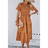 Lace Round Neck Ruched Fit Ruffle Solid Dress - MVTFASHION.COM