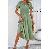 Lace Round Neck Ruched Fit Ruffle Solid Dress - MVTFASHION.COM