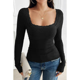 Lace Square Neck Solid Knitted Slim Fit Top - MVTFASHION.COM