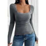 Lace Square Neck Solid Knitted Slim Fit Top - MVTFASHION.COM