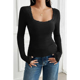 Lace Square Neck Solid Knitted Slim Fit Top - MVTFASHION.COM