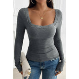 Lace Square Neck Solid Knitted Slim Fit Top - MVTFASHION.COM