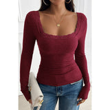 Lace Square Neck Solid Knitted Slim Fit Top - MVTFASHION.COM