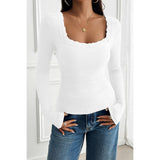 Lace Square Neck Solid Knitted Slim Fit Top - MVTFASHION.COM