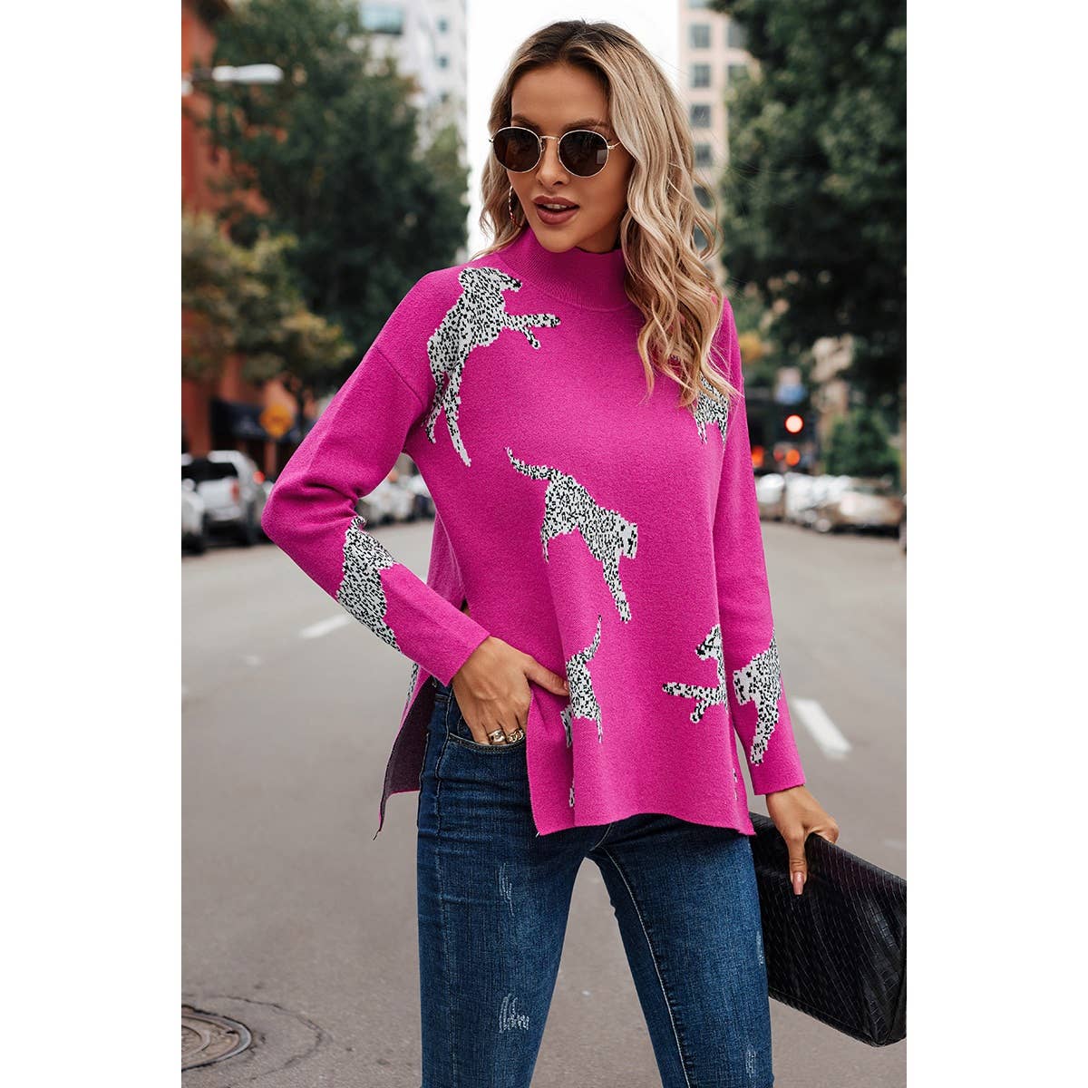 Leopard Pattern Drop Shoulder Split Hem Sweater - MVTFASHION.COM