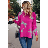 Leopard Pattern Drop Shoulder Split Hem Sweater - MVTFASHION.COM