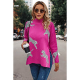 Leopard Pattern Drop Shoulder Split Hem Sweater - MVTFASHION.COM