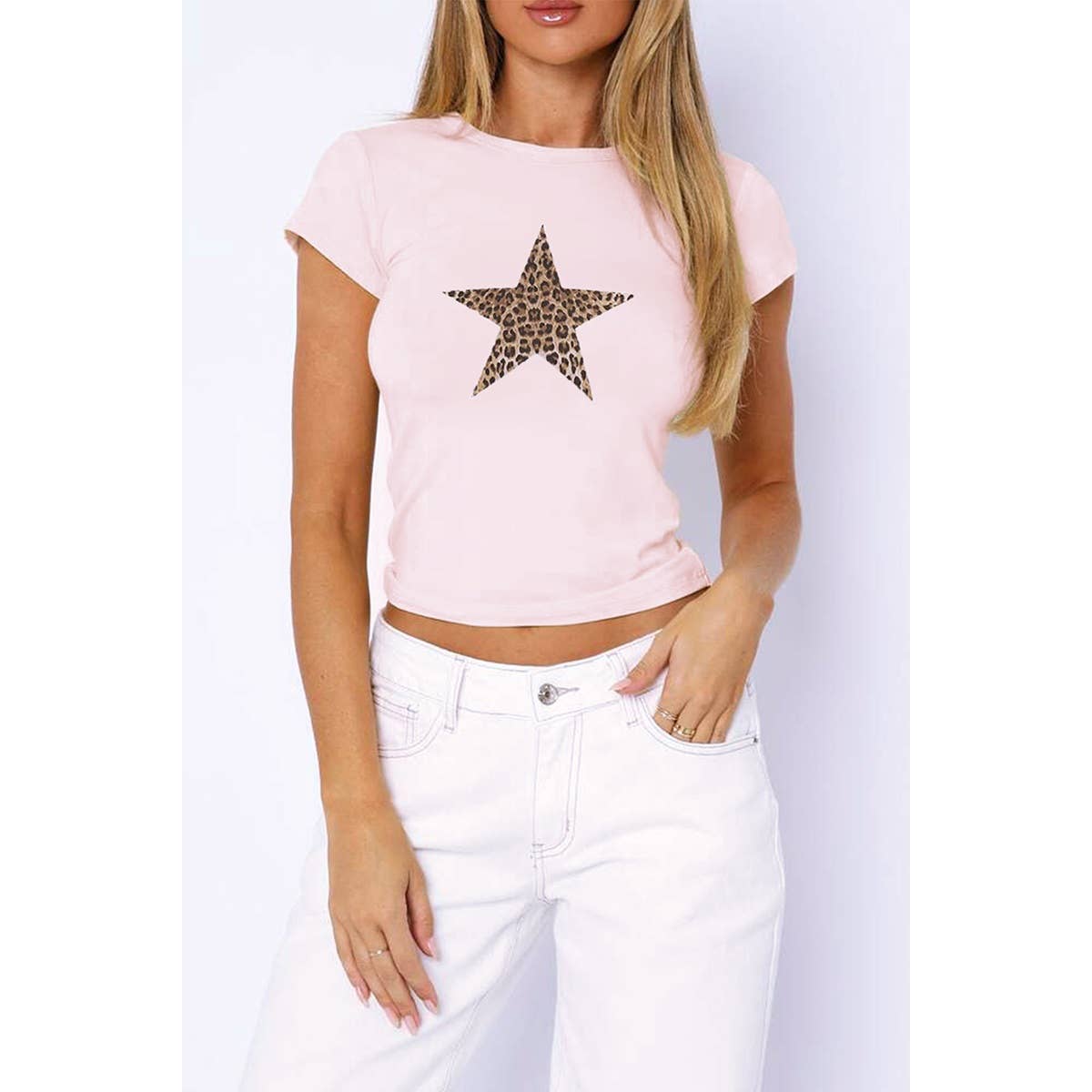 Leopard Print Star Crew Neck Slim Fitted Shirt - MVTFASHION.COM