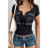 Letter Print Button Front Short Sleeve Slim Shirt - MVTFASHION.COM