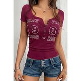 Letter Print Button Front Short Sleeve Slim Shirt - MVTFASHION.COM