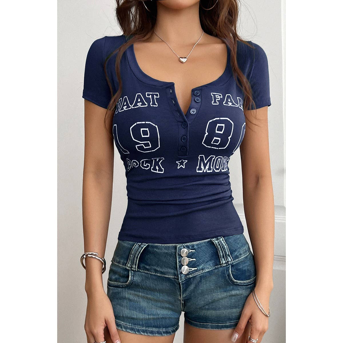 Letter Print Button Front Short Sleeve Slim Shirt - MVTFASHION.COM