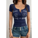 Letter Print Button Front Short Sleeve Slim Shirt - MVTFASHION.COM