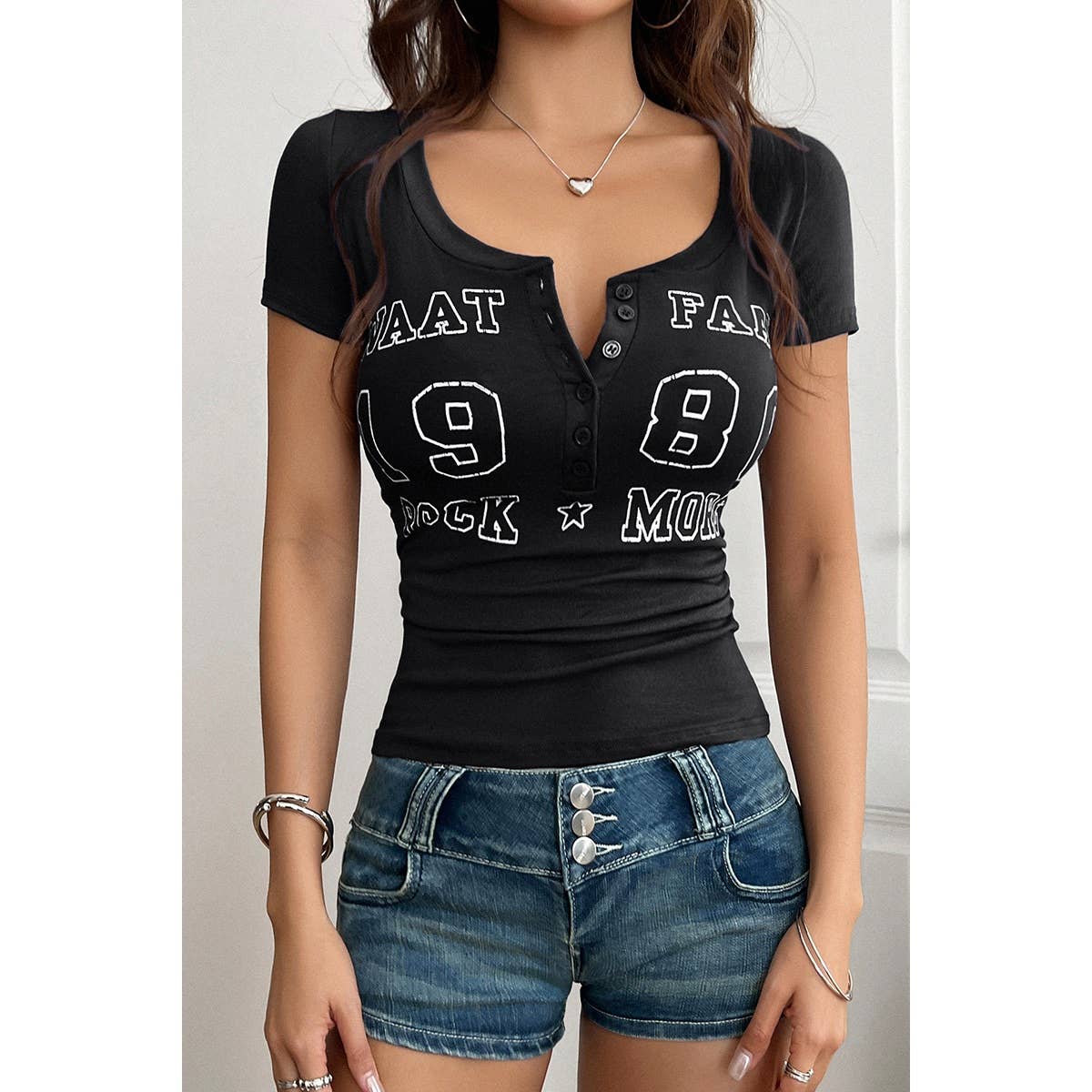 Letter Print Button Front Short Sleeve Slim Shirt - MVTFASHION.COM