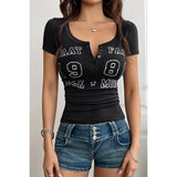 Letter Print Button Front Short Sleeve Slim Shirt - MVTFASHION.COM