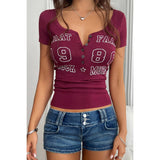 Letter Print Button Front Short Sleeve Slim Shirt - MVTFASHION.COM