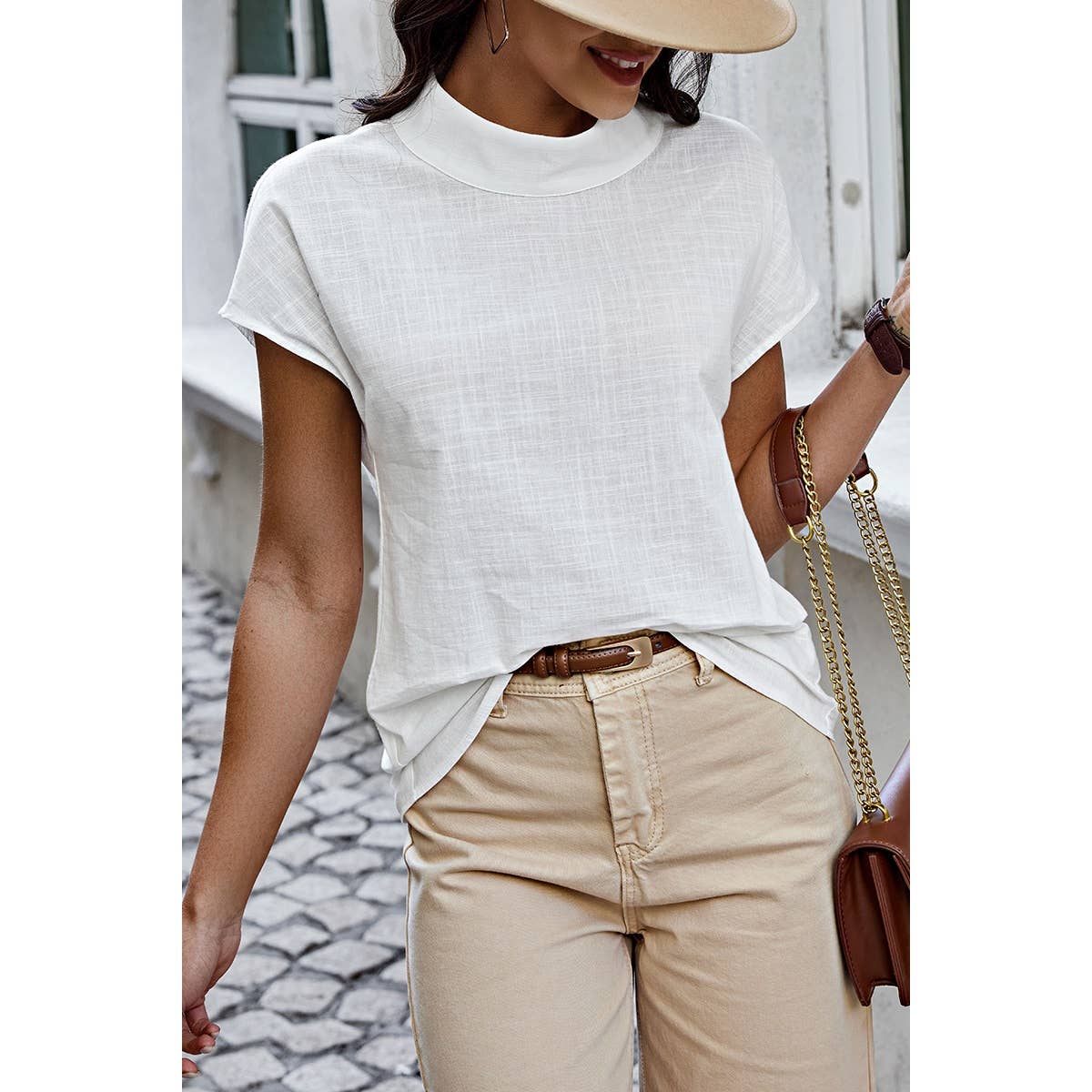 Mock Neck Solid Short Sleeves Fit Blouse - MVTFASHION.COM